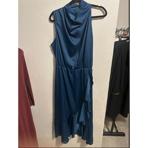 525 Elegant Teal Satin Ruffle Midi Dress | One-Shoulder Draped High Neck - Picture 3 of 4